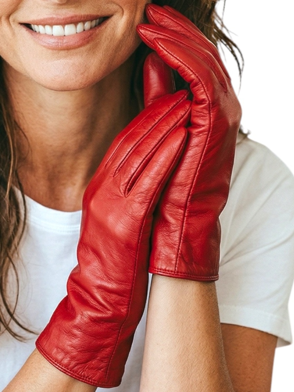 Women Red Leather Gloves Acrylic Lined Size 8 Classic Wrist Length
